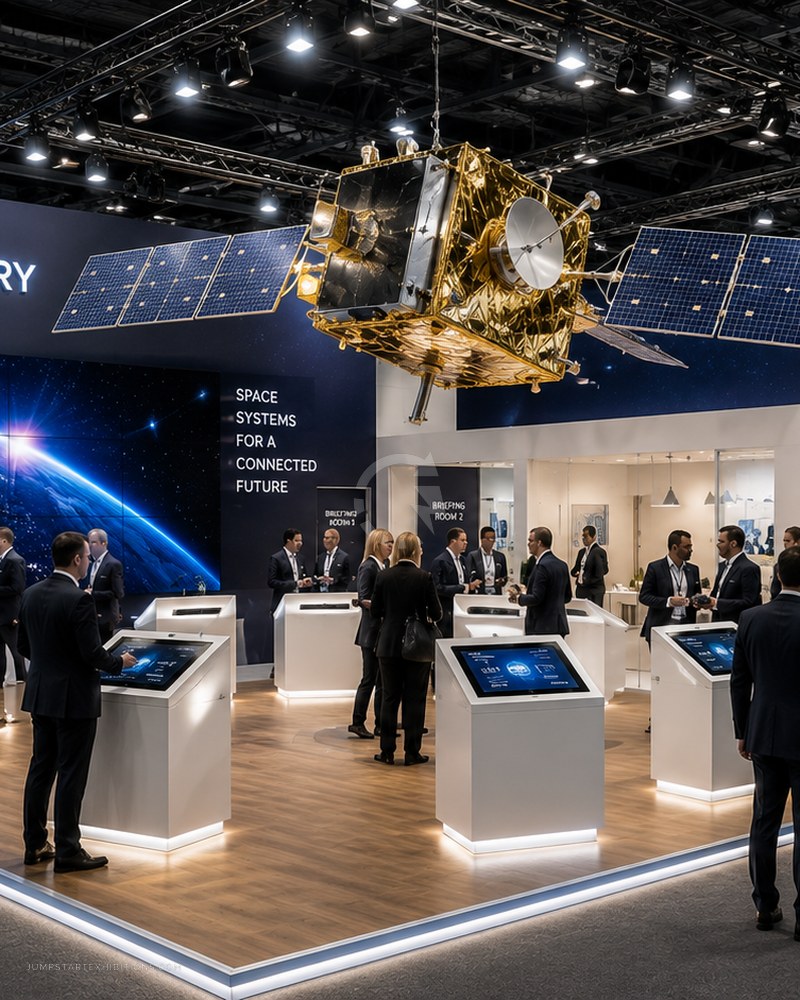 Exhibition stand with a suspended satellite and interactive display plinths
